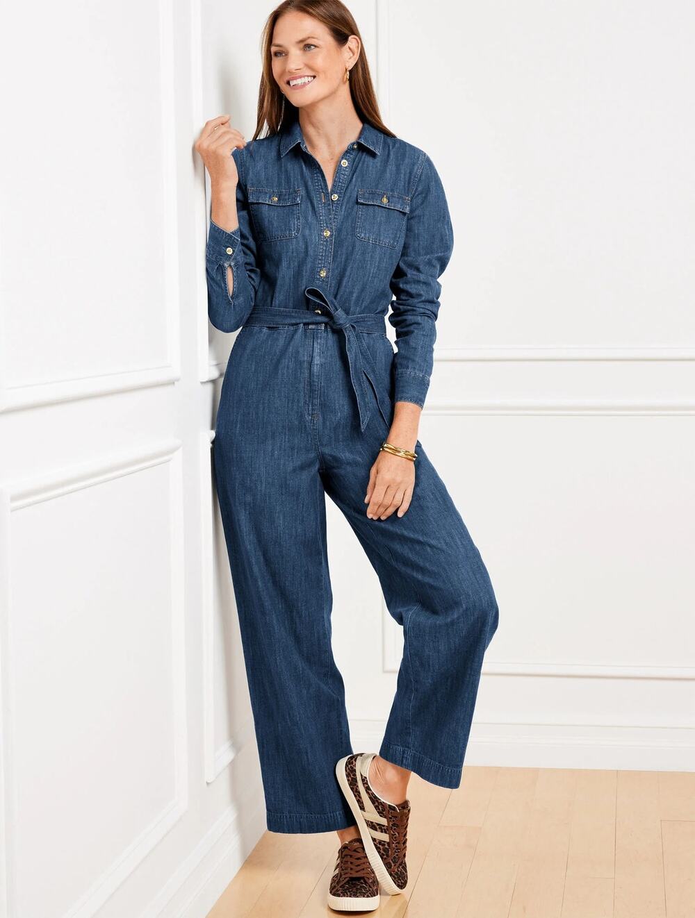 [Talbots] Blue Denim Moonlight Wash Utility Jumpsuit Long Sleeves Cotton Size XS